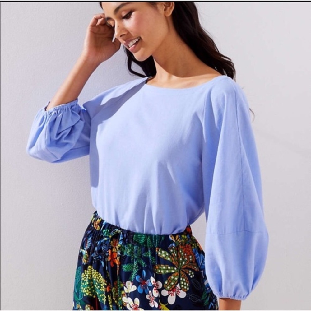🧵 LOFT Blue 3/4 Ballon Sleeve Scoop Neck Blouse Top Linen🧵